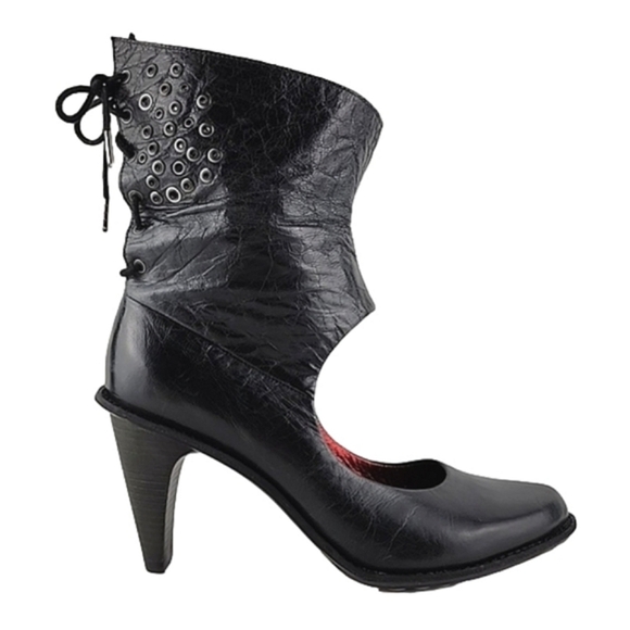 Tsubo Shoes - TSUBO Pump Heels Shoes Black Leather Back Lace Ankle Foldover Tall Cuff Size 8